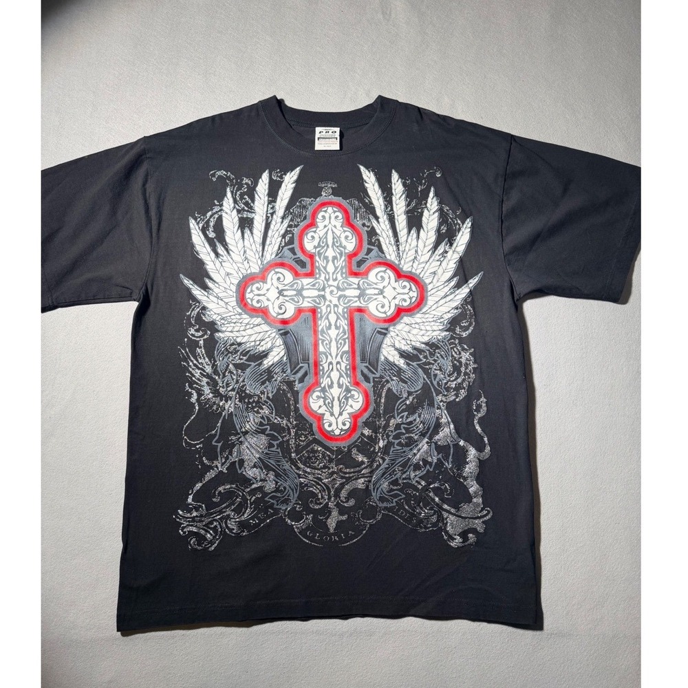 Vintage Pro Power T-Shirt Men 2XL Black Gothic Winged Cross Graphic Heavyweight